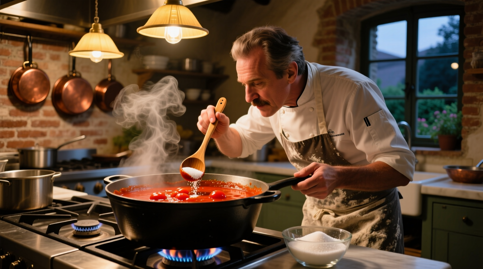 Chef adjusting sugar in simmering tomato sauce