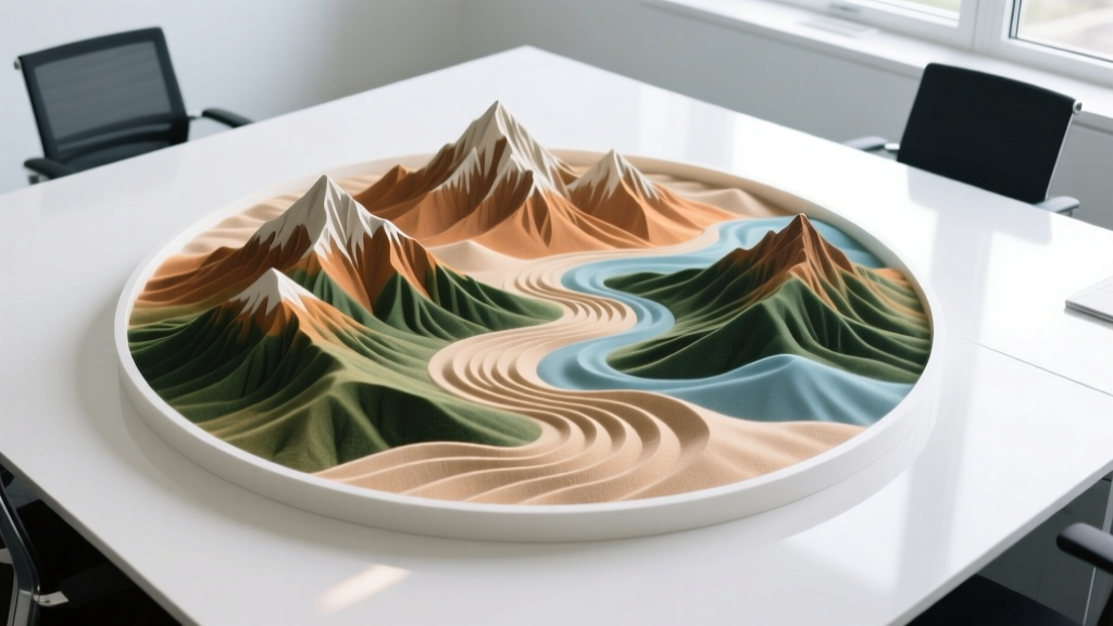 Overhead view of circular kinetic sand art creating a mountain landscape pattern on a minimalist white office workspace.