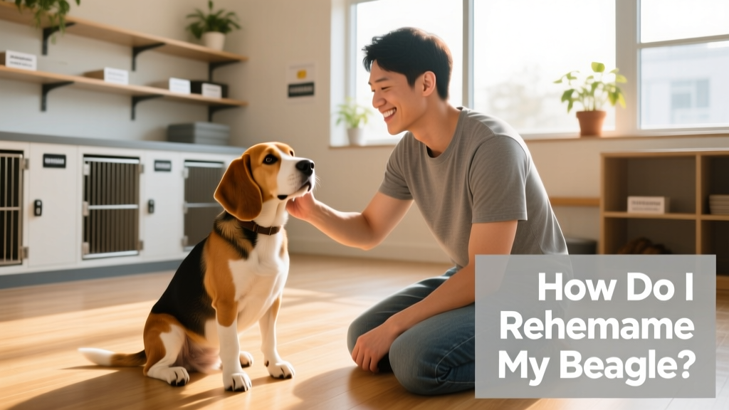 A friendly Beagle interacting with a volunteer at a clean, well-lit rescue facility