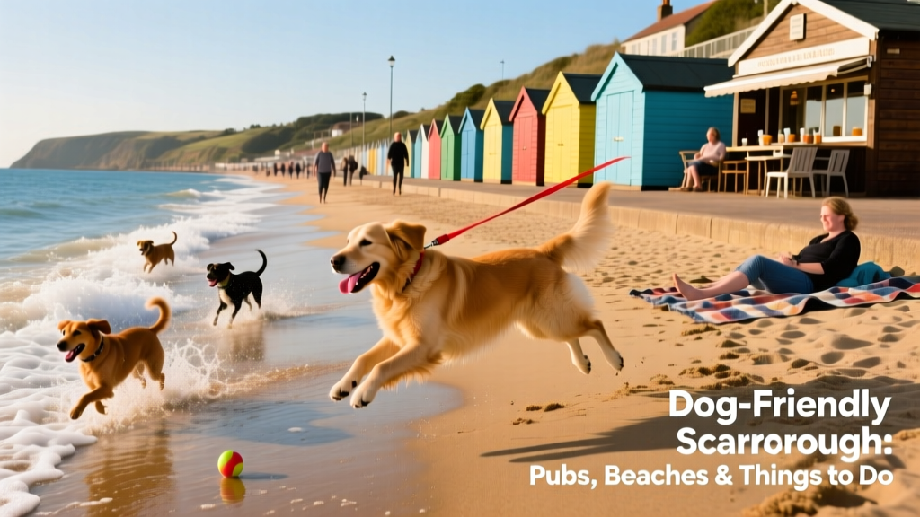 South Bay Beach in Scarborough — bustling seaside scene with colourful huts and dogs playing near the water