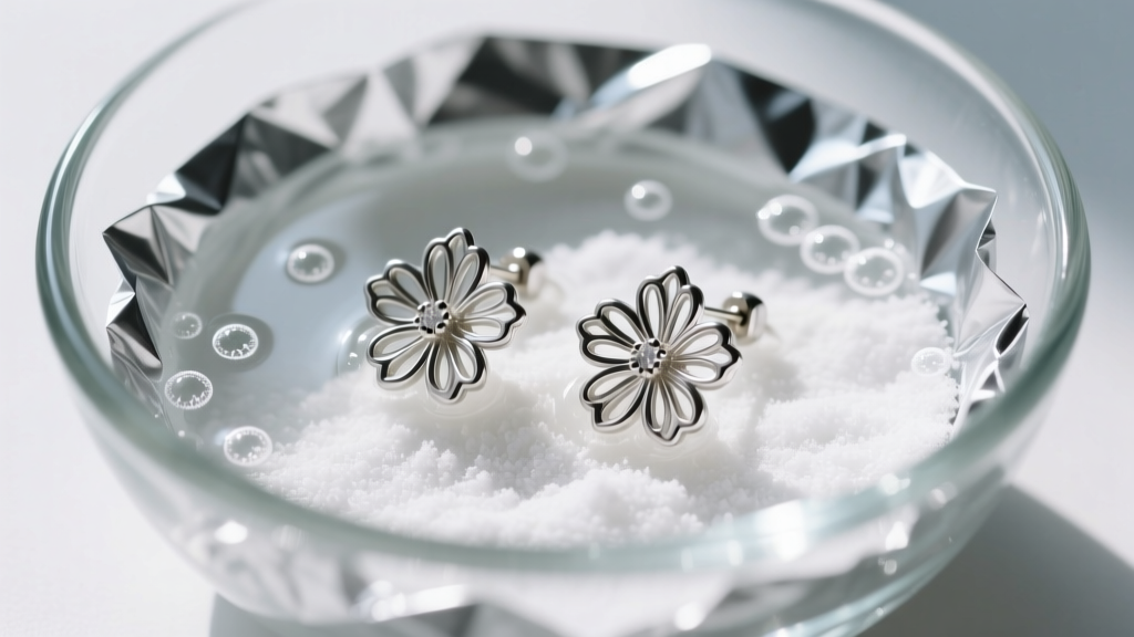 Silver floral earrings in a glass bowl lined with foil and baking soda, undergoing a gentle electrochemical tarnish-removal bath.