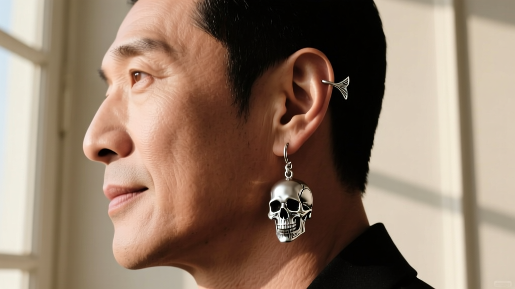 Side profile of a man wearing a lightweight silver skull dangle earring in a stretched lobe, showcasing a secure fishhook backing