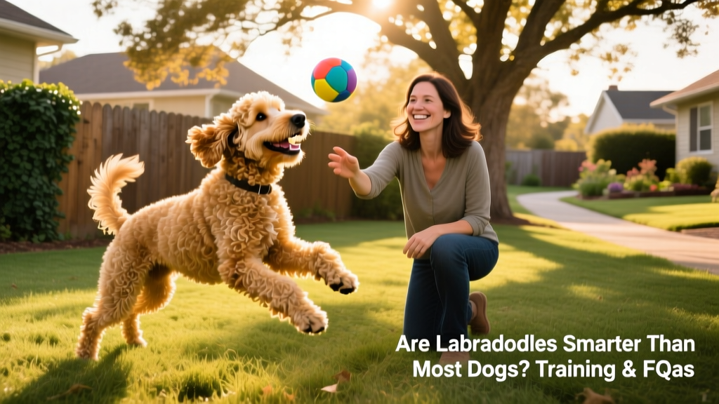 A Labradoodle happily retrieving a toy during an outdoor training game with its owner