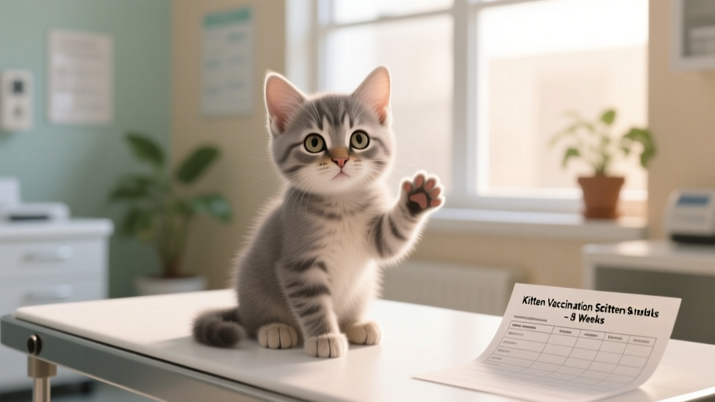 A gentle close-up of a healthy 8-week-old kitten sitting calmly on a veterinarian’s exam table during a wellness visit