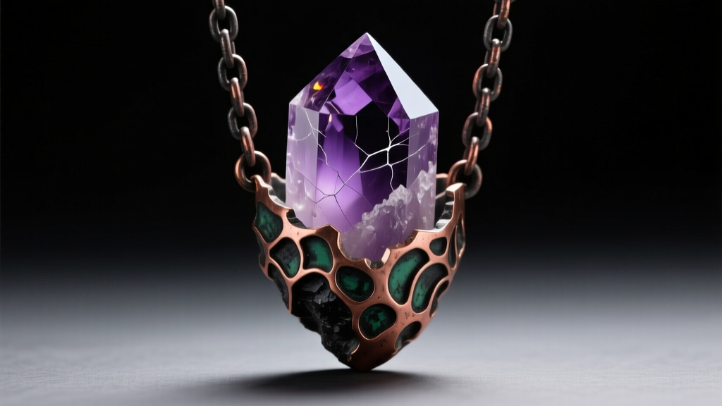 Close-up of a raw amethyst crystal emerging from a textured, electroformed copper rift setting, hanging on a dark oxidized chain.