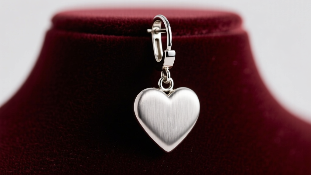 Close-up of an 18-gauge titanium heart dangle earring on a velvet bust, showing the leverback clasp and brushed metal surface.