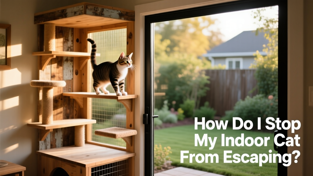 DIY catio enclosure with climbing shelves and sunlit perches, attached to a sliding glass door