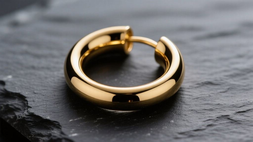 Macro shot of 14k gold-filled hoop earrings on dark slate, highlighting seamless tubing and polished finish under studio lighting