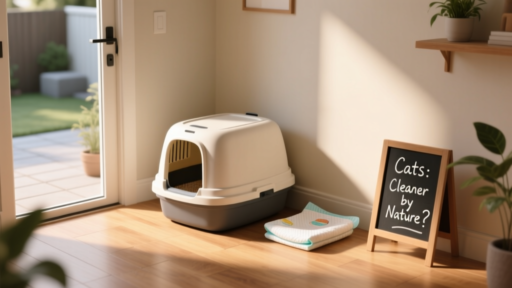 A tidy, covered litter box in a well-lit corner next to a small potty pad beside a back door