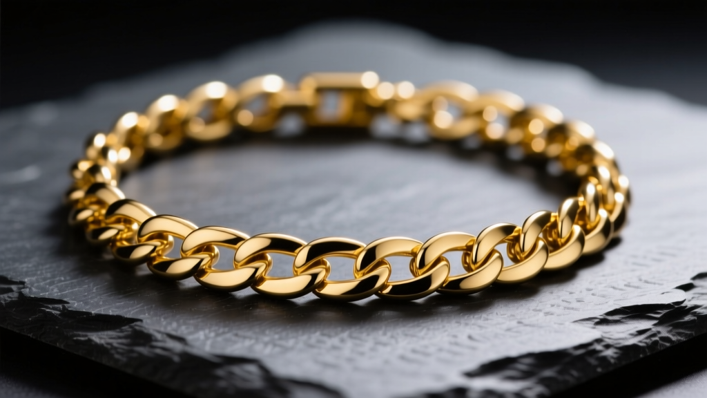 Macro shot of a polished 14k yellow gold Cuban link choker chain necklace resting on dark slate with dramatic studio lighting