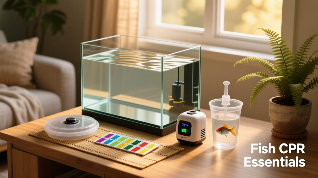 Aquarium safety kit featuring secure lid, water test strips, air pump, and emergency rescue cup