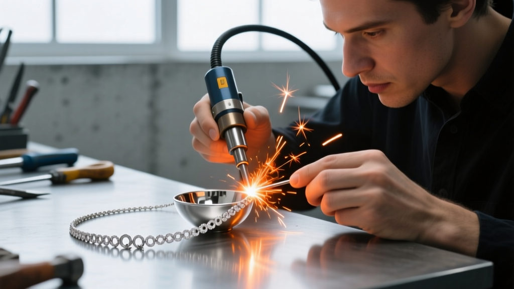 Jeweler using a laser welder to fuse a snapped platinum Q necklace tail to the main bowl, with bright orange sparks visible