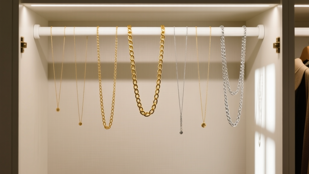 A neatly organized closet door featuring a white tension rod displaying fifteen delicate gold and silver chain necklaces