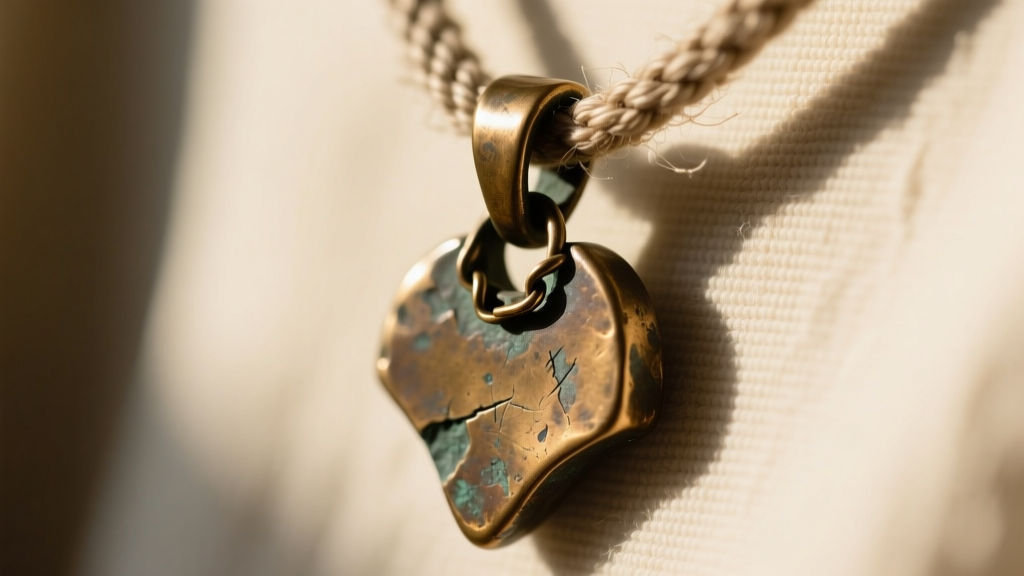 Close-up of a heavy bronze pendant hanging on a waxed cotton necklace strap, highlighting the friction wear point at the bail.