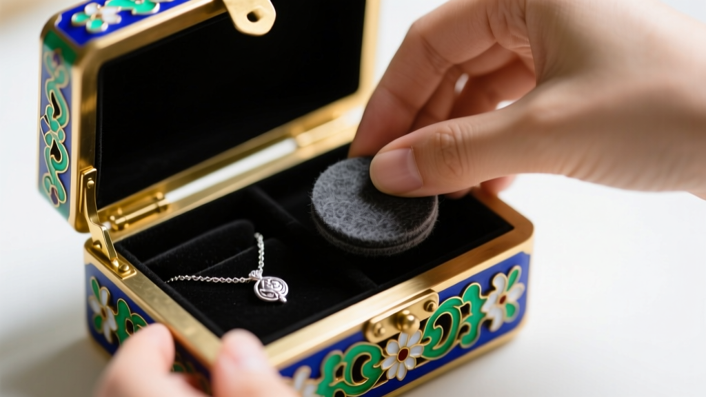 Hands placing anti-tarnish charcoal felt inside a brass-hinged Chinese cloisonné enamel jewelry box to safely store silver pieces