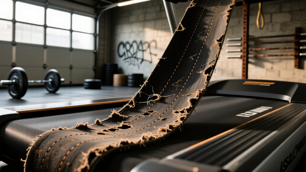 Close-up of worn curved treadmill belt on an AssaultRunner Elite showing fraying edges in a dimly lit CrossFit garage gym