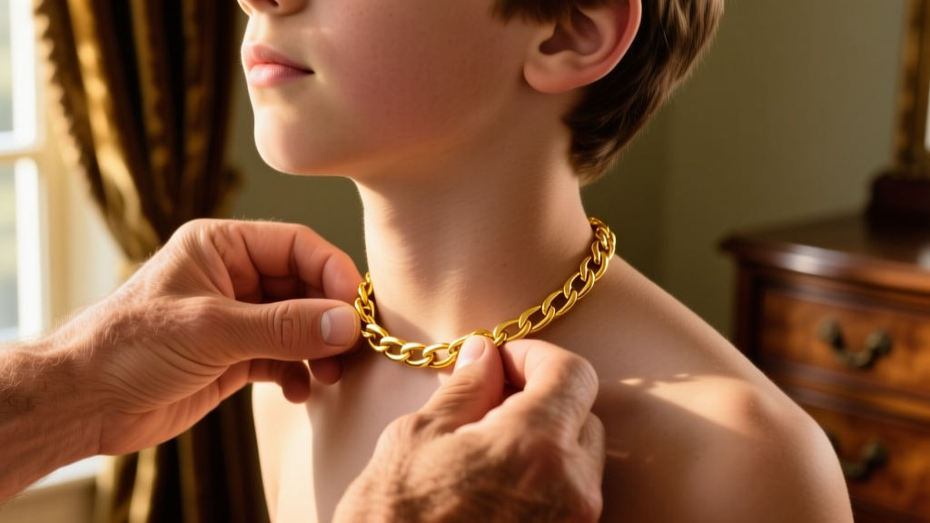 Close-up of a fathers hands fastening a 14k yellow gold Figaro chain necklace around his teenage sons neck in warm light