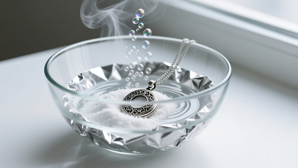 Aluminum foil lining a glass bowl with hot water, baking soda, and a submerged silver pendant releasing tiny gas bubbles.