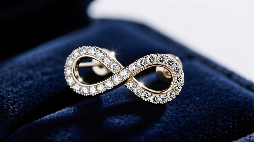 Close-up of 14k white gold infinity diamond stud earrings resting on dark velvet, soft studio lighting highlighting pave stones.