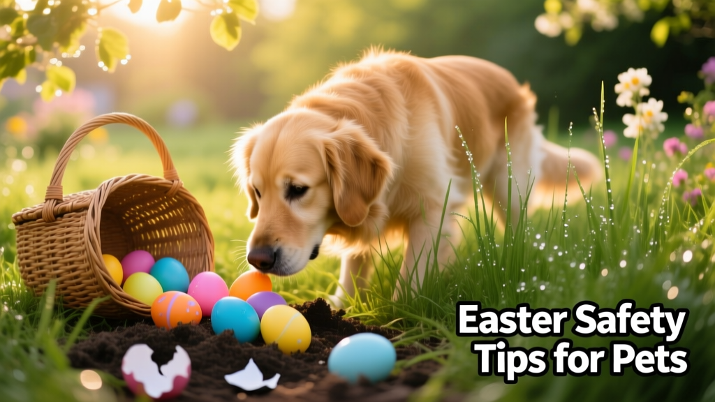 A curious dog sniffing through grass in a sunlit garden, with a woven basket and plastic Easter eggs scattered nearby