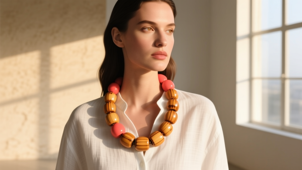 Model wearing a chunky coral necklace with 18mm bamboo beads over a white linen shirt, shot in warm natural light.