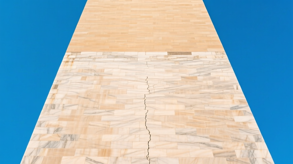 Close-up of the Washington Monument marble facade showing the distinct color change line between the lower and upper marble sections against a clear blue sky