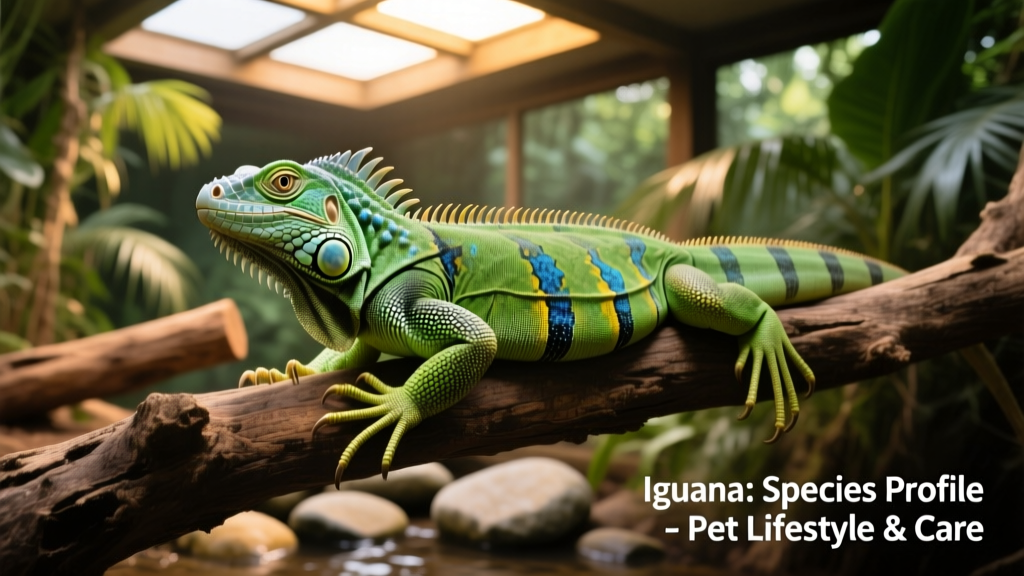 Adult green iguana basking on a sturdy branch in a spacious, naturally furnished enclosure