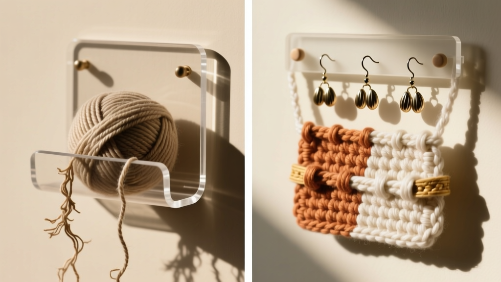 Split view of a sagging acrylic yarn holder on the left versus a taut premium cotton crochet earring organizer on the right side