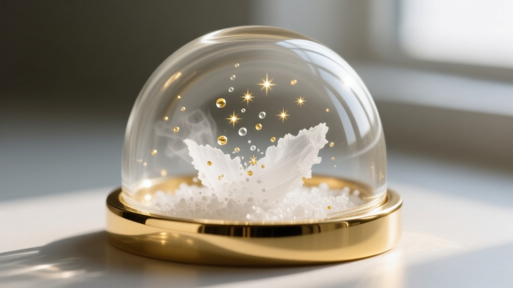 Macro shot of a gold bezel holding borosilicate glass infused with white cremated ashes, showing tiny reflective bubbles inside.