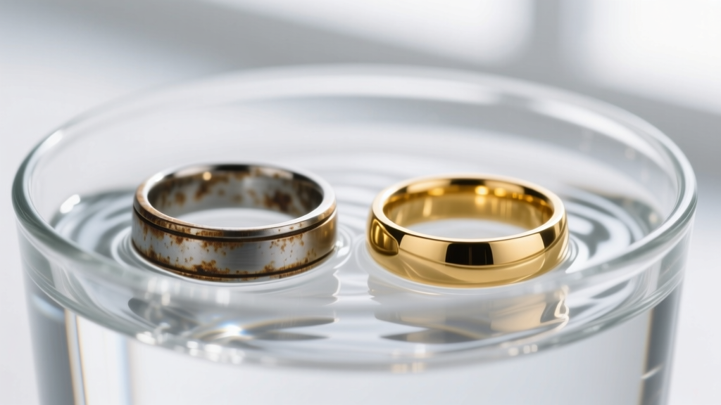 Comparison of a tarnished electroplated ring and a pristine PVD gold titanium ring submerged in a clear glass of water