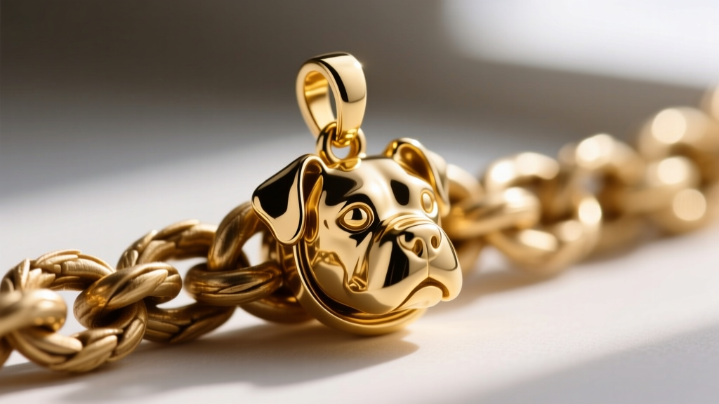 Macro shot of a hidden pendant bail on a gold pitbull dog charm, showing a flush mount against a textured wheat chain background