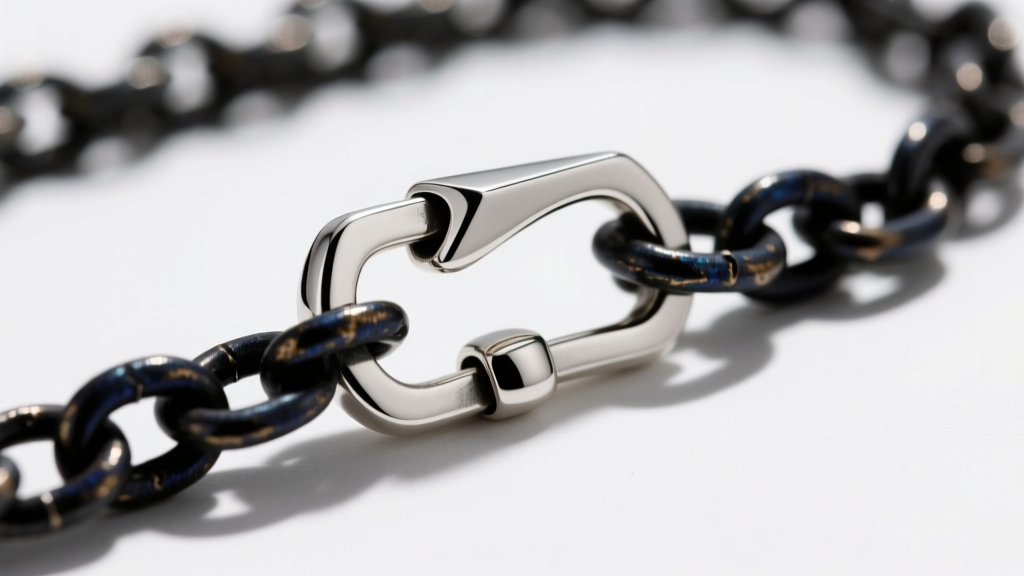 Macro shot of a 925 sterling silver lobster clasp attached to a 1.5mm oxidized rolo chain, highlighting the dark patina finish.