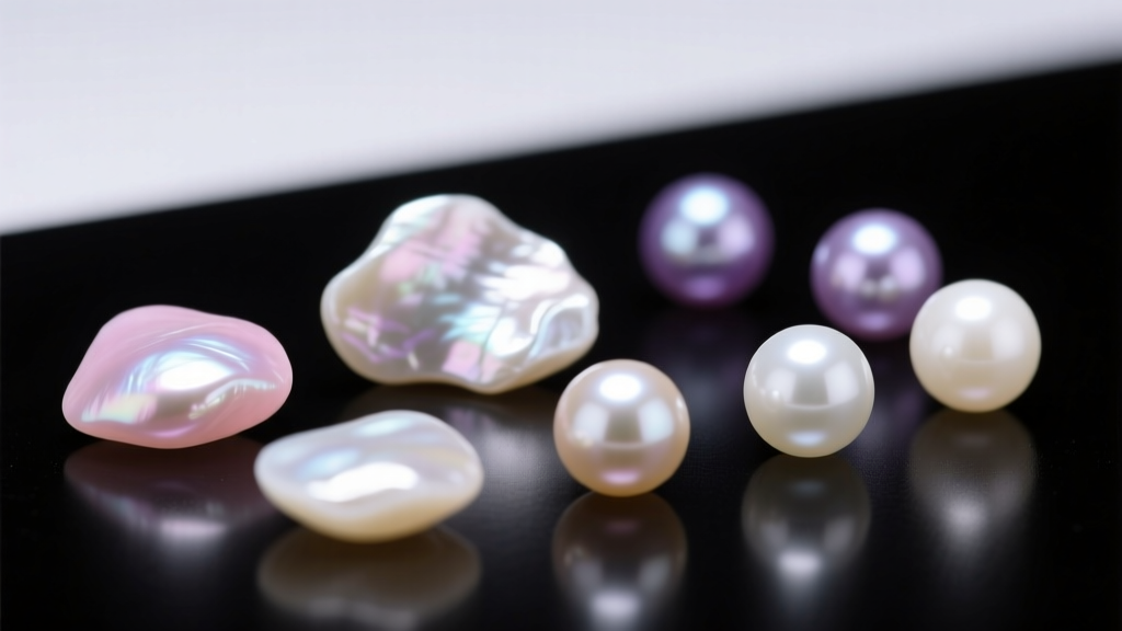 Close-up comparing irregular genuine freshwater pearls to perfectly round synthetic shell pearls under bright studio lighting.