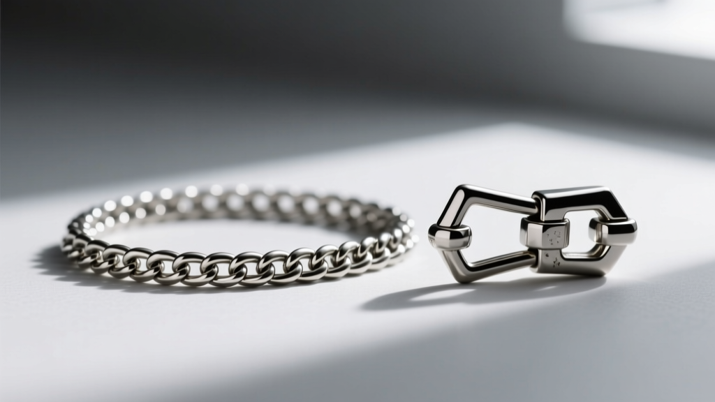 Close-up of a 4.0mm stainless steel box chain with a heavy-duty toggle clasp next to a standard, fragile lobster jewelry clasp