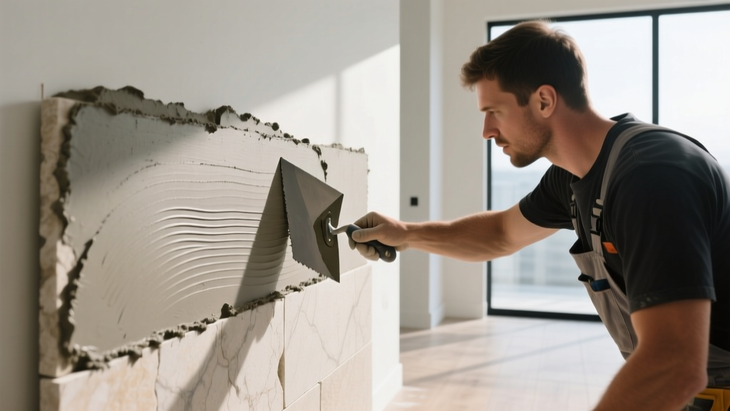 Mason troweling polymer-modified mortar onto the back of a thin limestone veneer piece for interior wall installation
