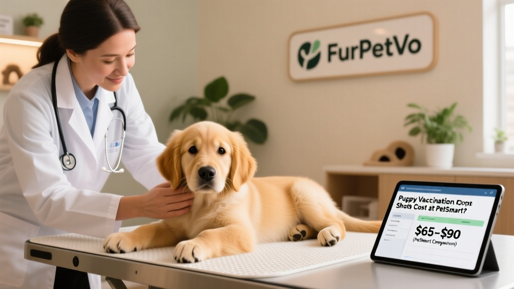 A friendly veterinarian gently examining a golden retriever puppy during a wellness visit at a FurPetVo clinic