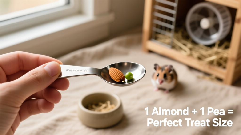 A hand holding a measuring spoon with a single almond and a tiny pea, illustrating appropriate treat portion sizes for hamsters