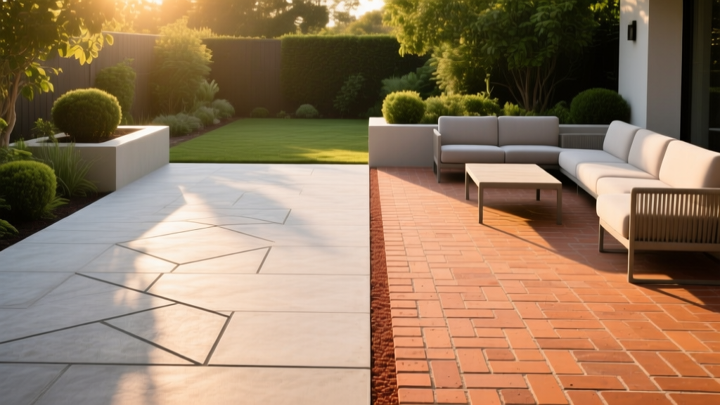 Modern backyard patio split diagonally between Ashlar stamped concrete and clay brick pavers with polymeric sand joints.