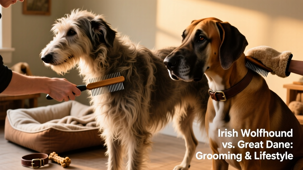 Close-up of hands grooming an Irish Wolfhound's wiry coat with a rake brush, next to a Great Dane being brushed with a soft mitt