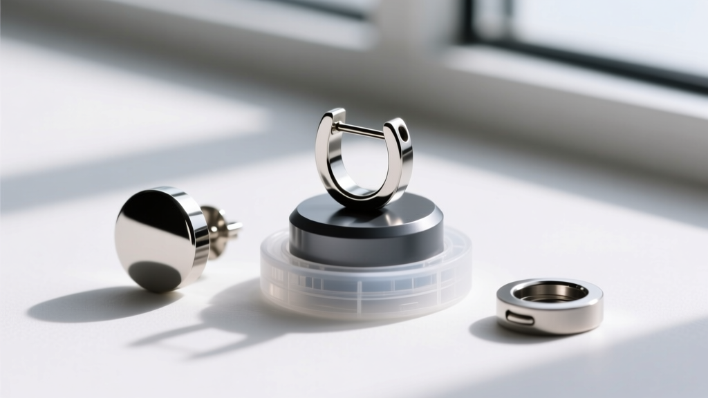 Macro shot of a disassembled magnetic earring showing the neodymium core, clear silicone backing, and stainless steel front cap.