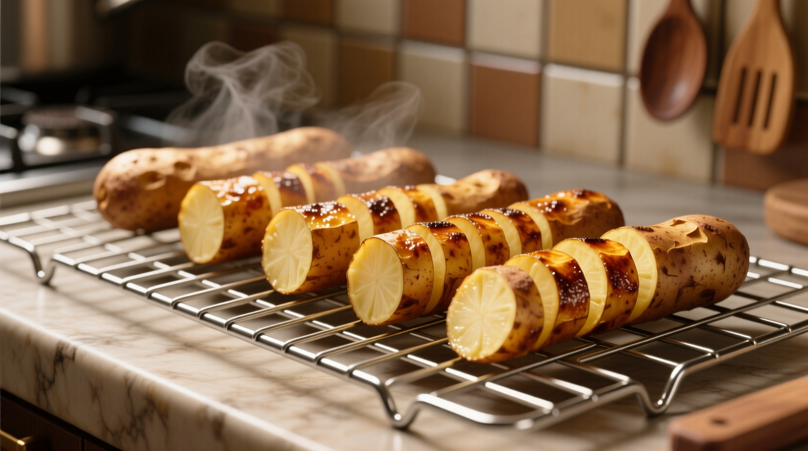 Golden brown potato logs on wire rack