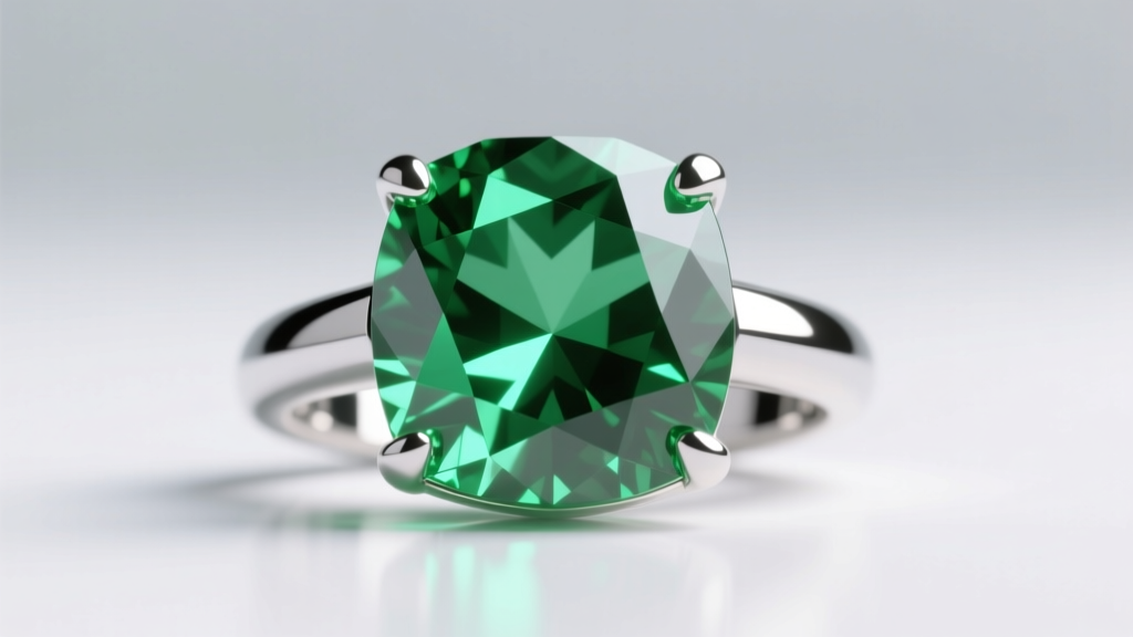 Macro photo of a faceted lab-created emerald gemstone in a platinum bezel, showing vivid green saturation and high clarity