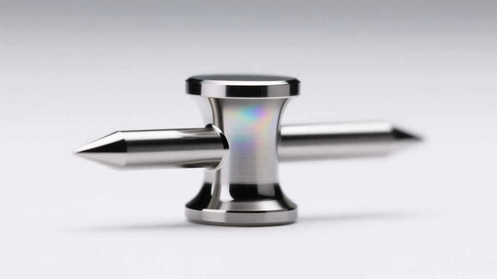 Macro photo of a vapor honed titanium labret post under soft light, revealing a flawless, scratch-free metallic surface.