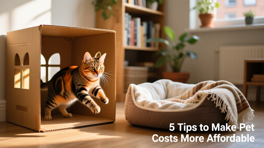 A tabby cat playing inside a repurposed cardboard box with cut-out windows, next to a DIY pet bed made from folded towels and a thrifted blanket
