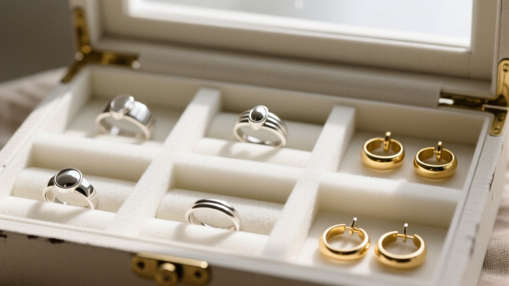 Upcycled jewelry box interior featuring custom-cut acid-free foam dividers organizing polished silver rings and gold hoop earrings.