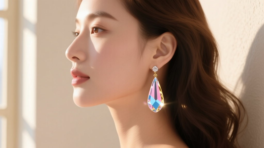 Side profile of a woman with a round face wearing an elongated crystal teardrop dangle earring in soft natural sunlight