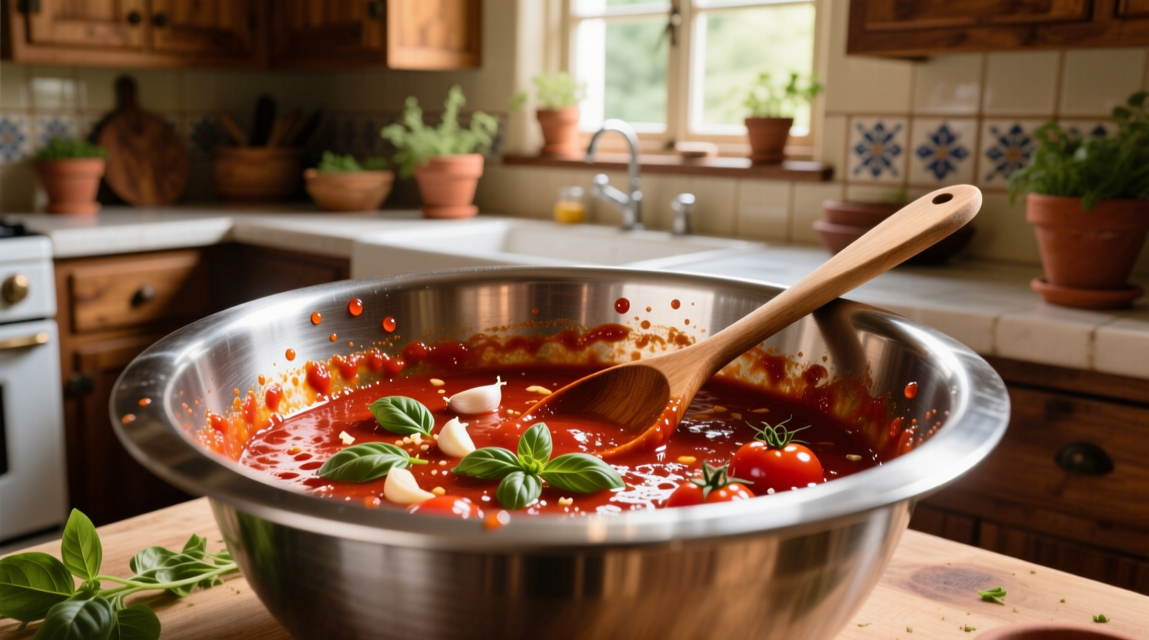 Homemade pizza sauce in stainless steel bowl