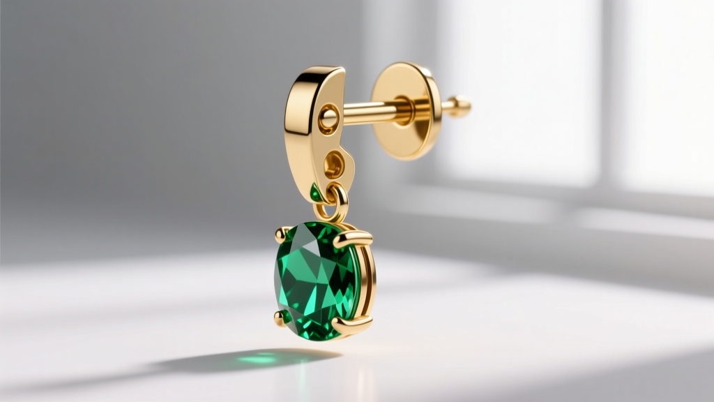 Close-up of 18k gold French leverback earring with dangling emerald, studio lighting highlighting the hinged closure.