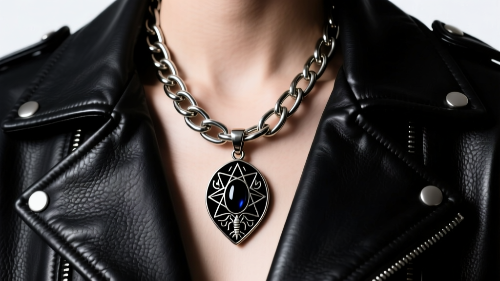 Heavy 5mm stainless steel curb chain with a lobster clasp holding a dark gothic pendant against a black leather jacket background.