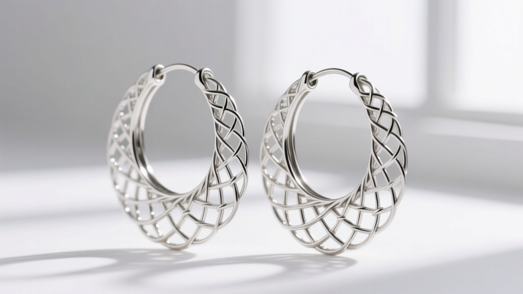Side profile of large Andalusian filigree hoop earrings in 925 sterling silver, highlighting the delicate 22-gauge wire weaving.